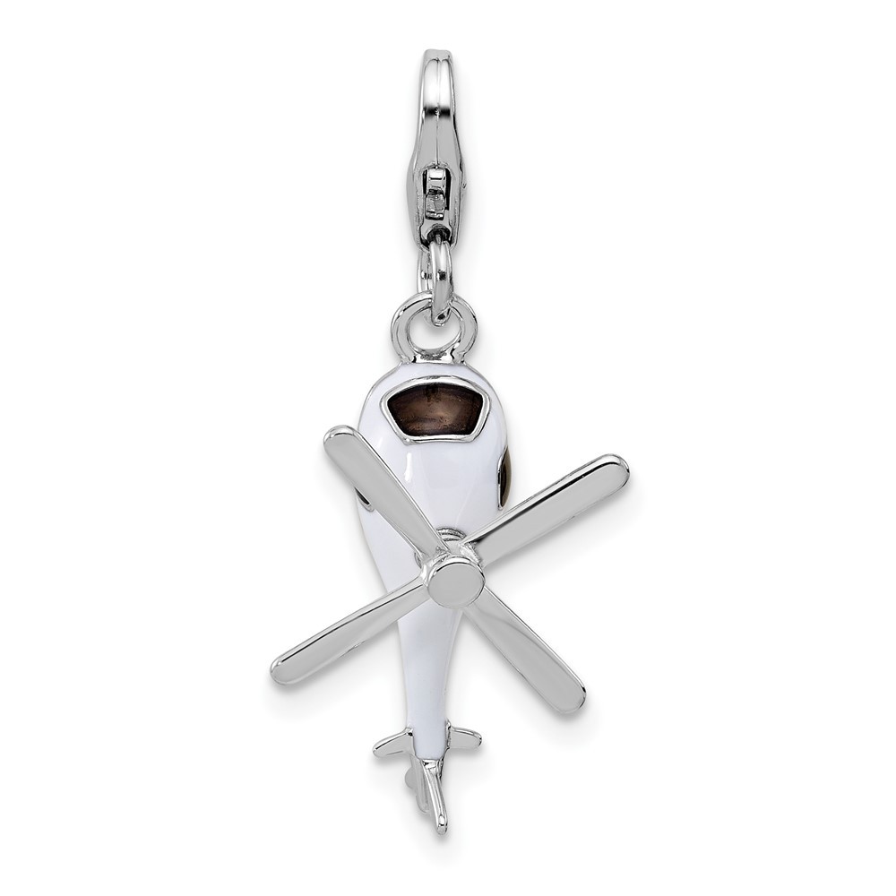 Sterling Silver 3-D Moveable White/Black and Orange Enameled Helicopter Pendant