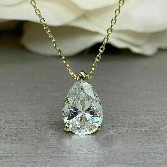 3Ct Pear Cut Lab-Created Diamond Solitaire Pendant Chain 14K Yellow Gold Plated