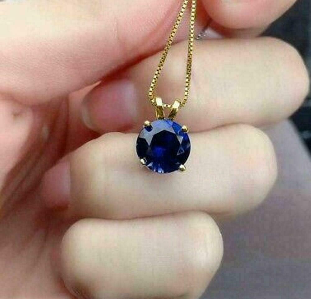 2Ct Round Cut Blue Sapphire Solitaire Pendant 14K Yellow Gold Plated Silver