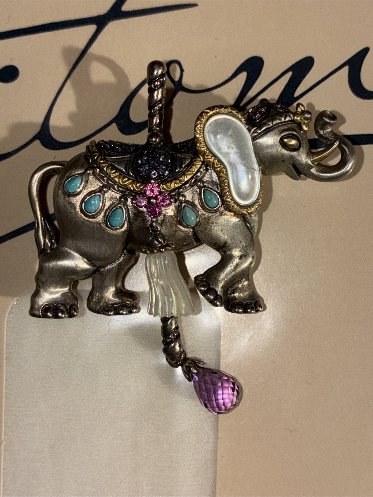 Barbara Bixby Carousel Elephant Pin Pendant Gemstone Tassel MOP Turquoise Iolite