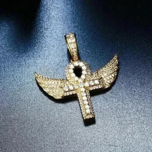 2Ct Round Lab Created Diamond Wings Cross Charm Pendant 14K Yellow Gold Plated