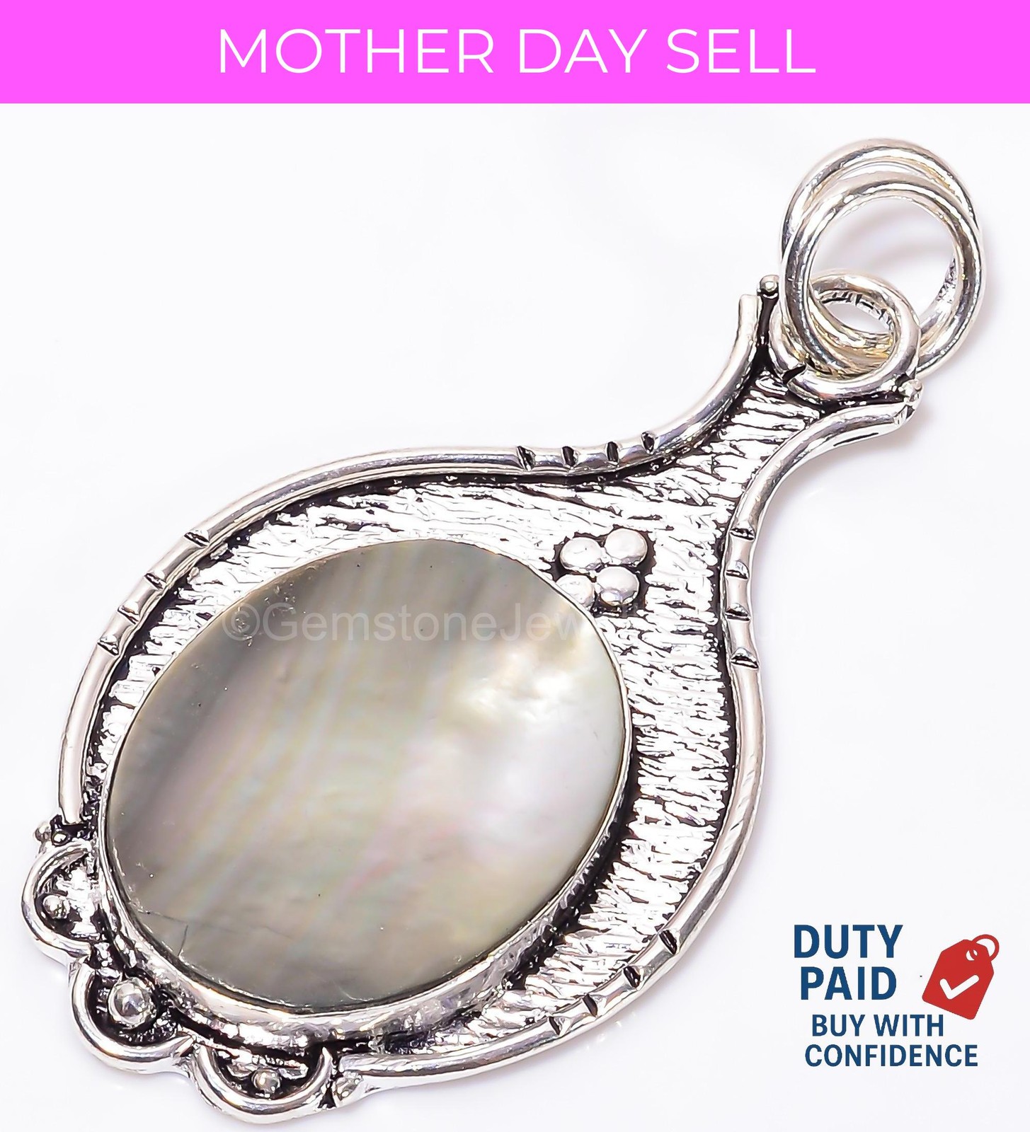 Genuine Mother Of Pearl 925 Sterling Silver Ethnic June Birth Pendant Jewelry