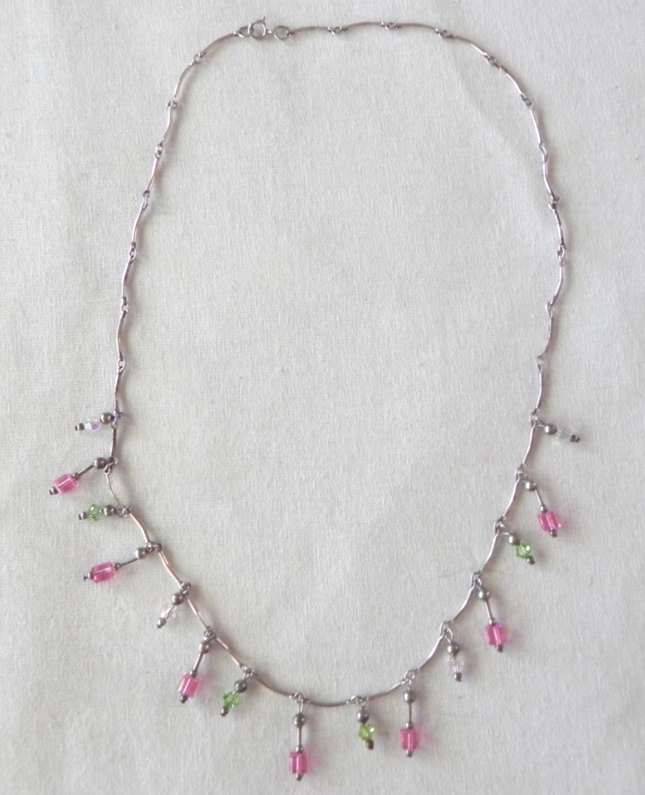 Dainty Sterling Silver Drop Station Necklace Curved Bar Link Pink crystal beads