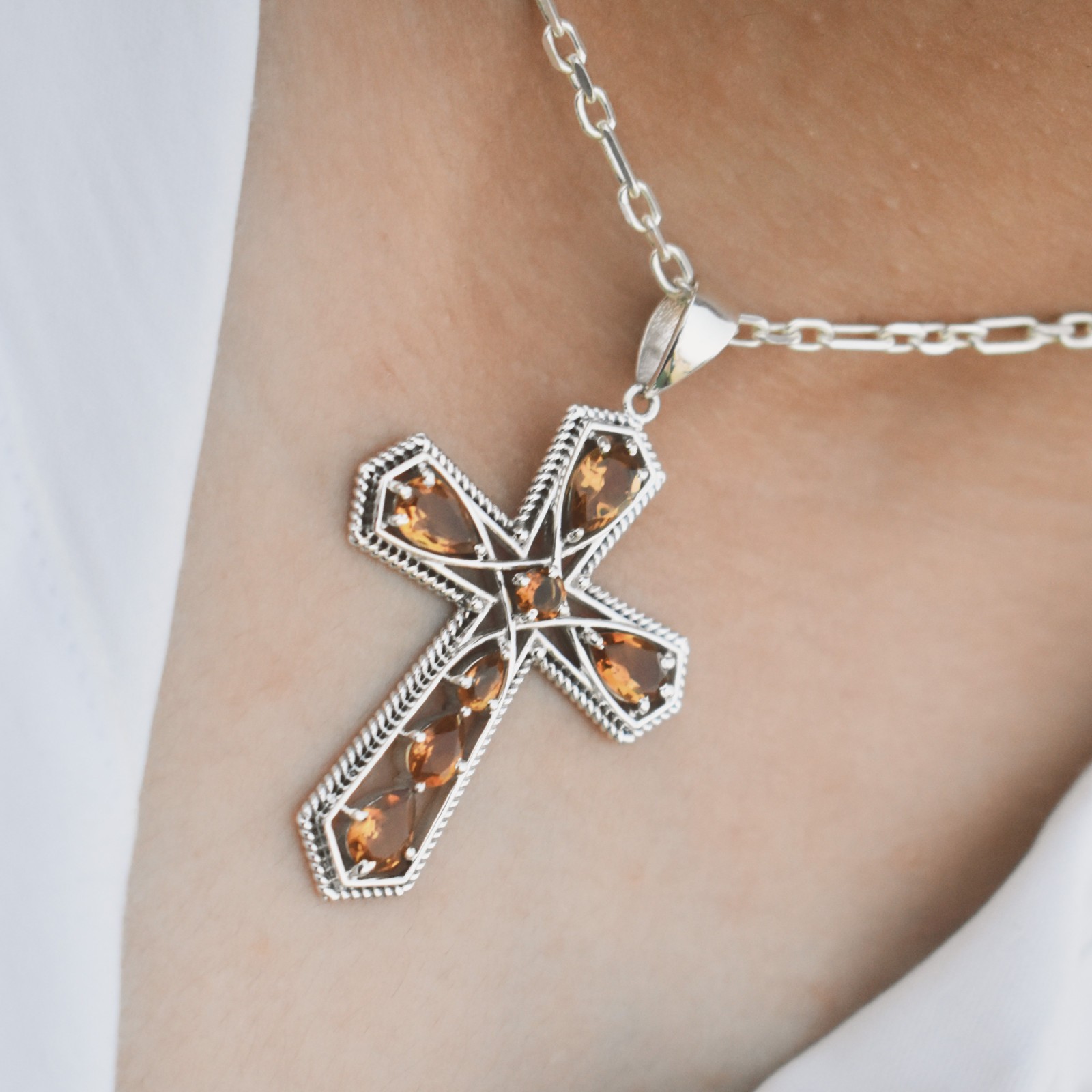 Natural Citrine Cross Pendant 925 Silver Women Pendant Gift For Girlfriend
