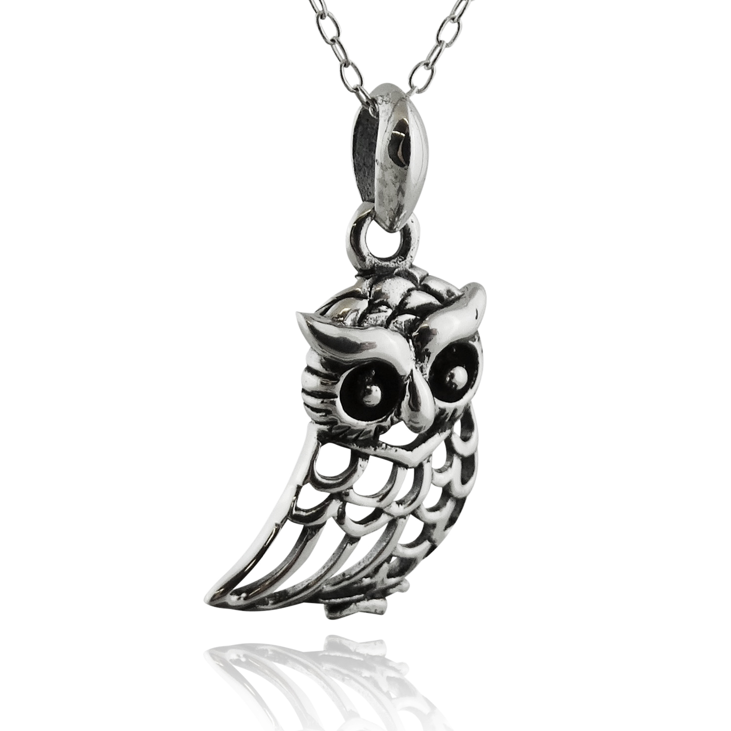 Owl Pendant Necklace – 925 Sterling Silver – Openwork Outline Bird Owls Gift