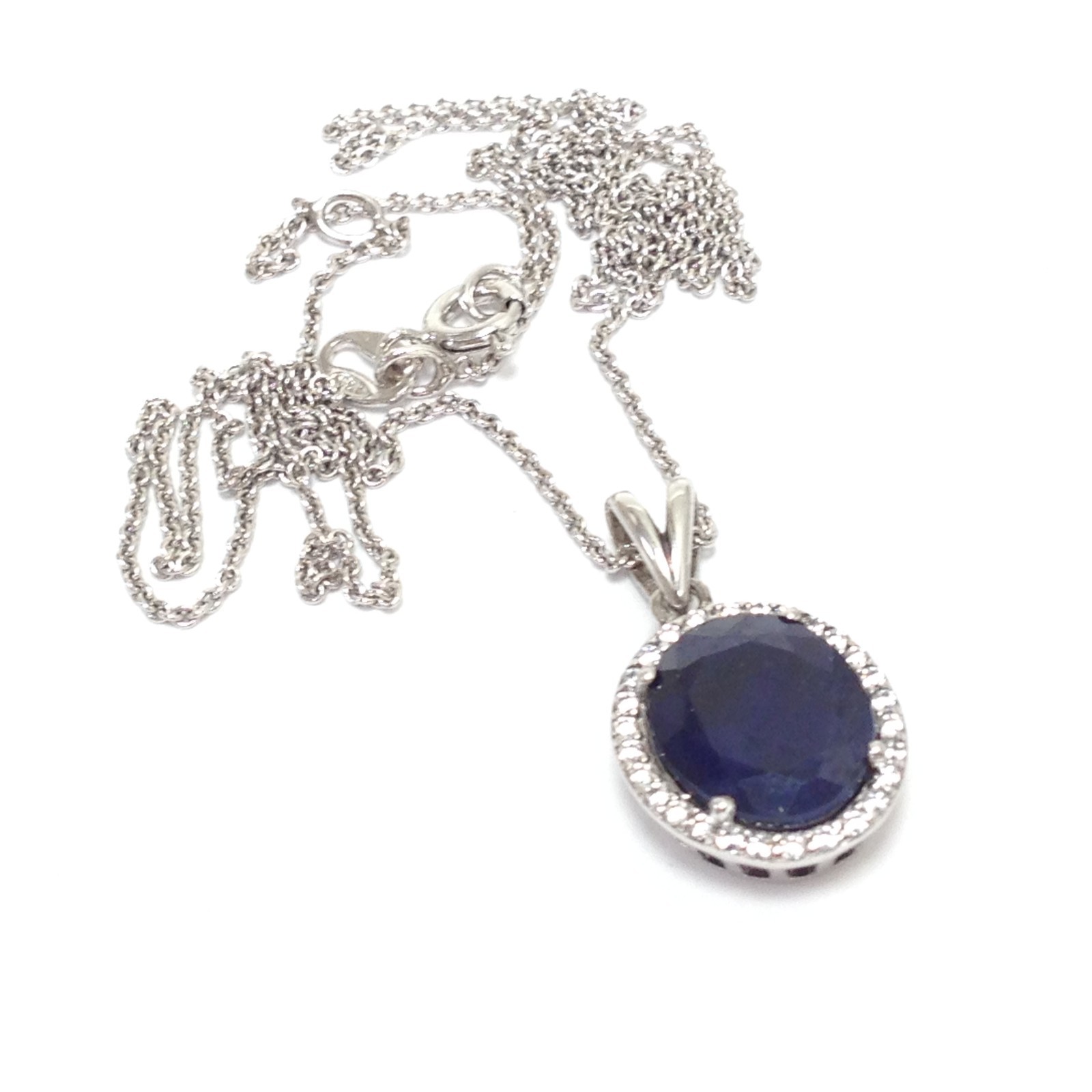 Unsigned 925 Sterling Silver Dark Blue Stone Pendant Necklace 16″ & 17″ Jewelry