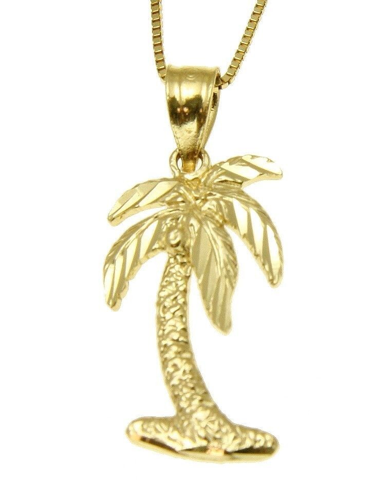 SOLID 14K YELLOW GOLD MEDIUM HAWAIIAN PALM TREE PENDANT DIAMOND CUT