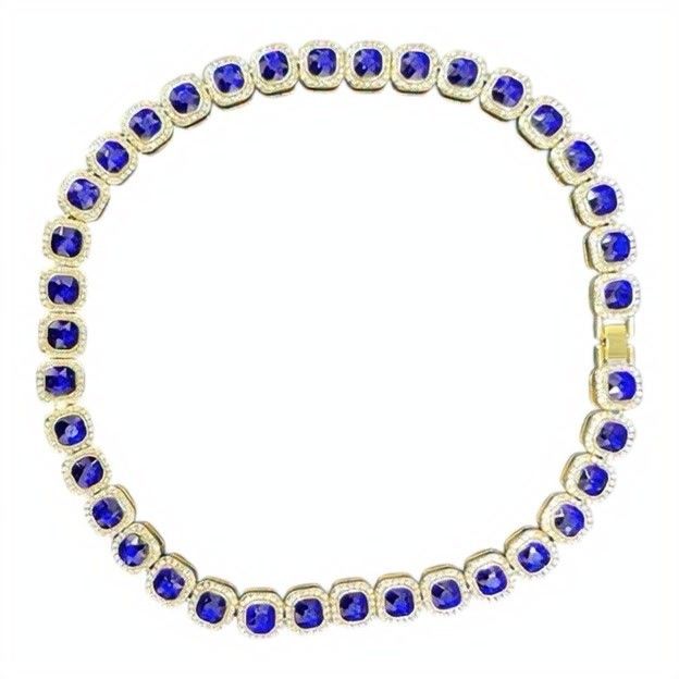 Handmade Royal Blue Cushion-Cut Tennis Necklace, Gold Halo Statement Choker