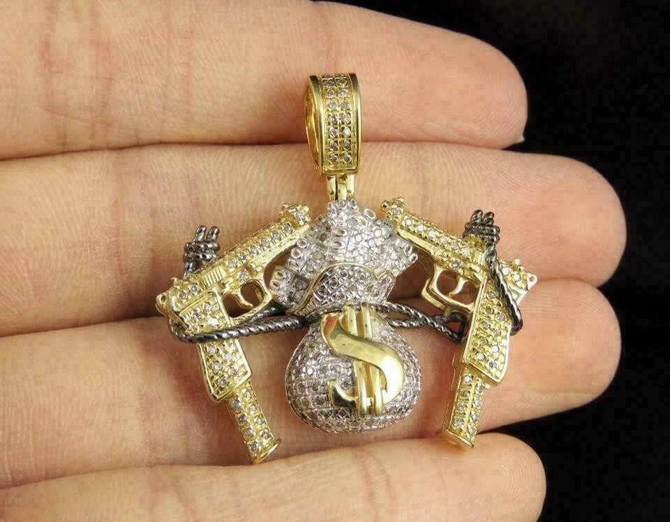 Men 2Ct Pave Diamond Money Bag With Guns Pendant 14K Yellow Gold Over Free Chain