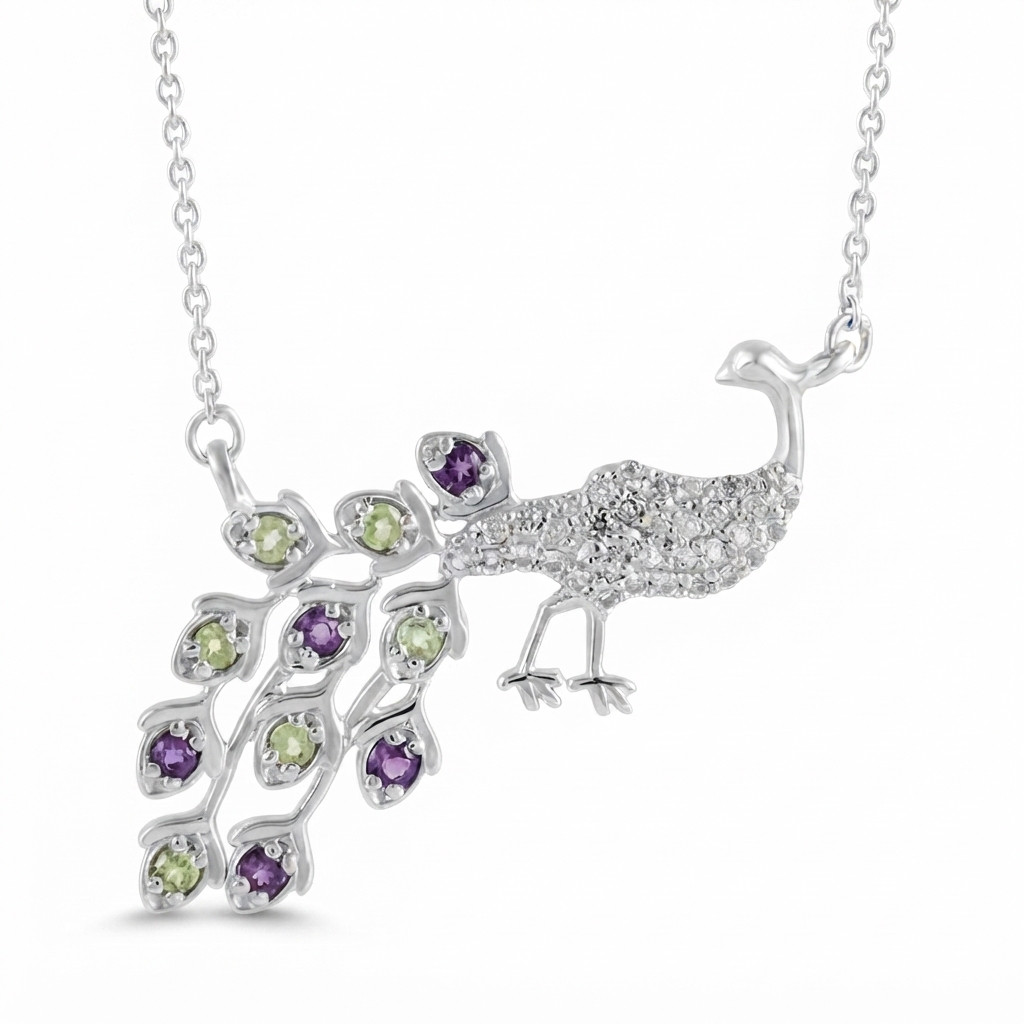 Amethyst Peridot & White Topaz Peacock Necklace Bird Pendant For Women