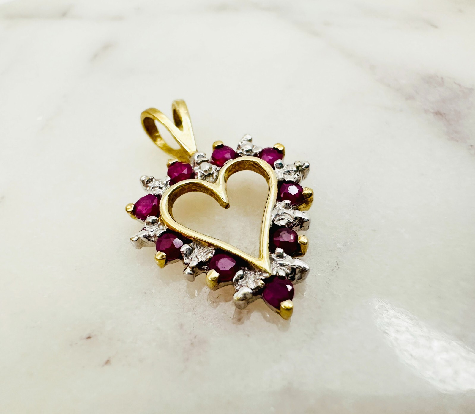 Estate 10K Multi-Tone Gold Ruby w/Diamond Accent Small Heart Pendant 19x13mm