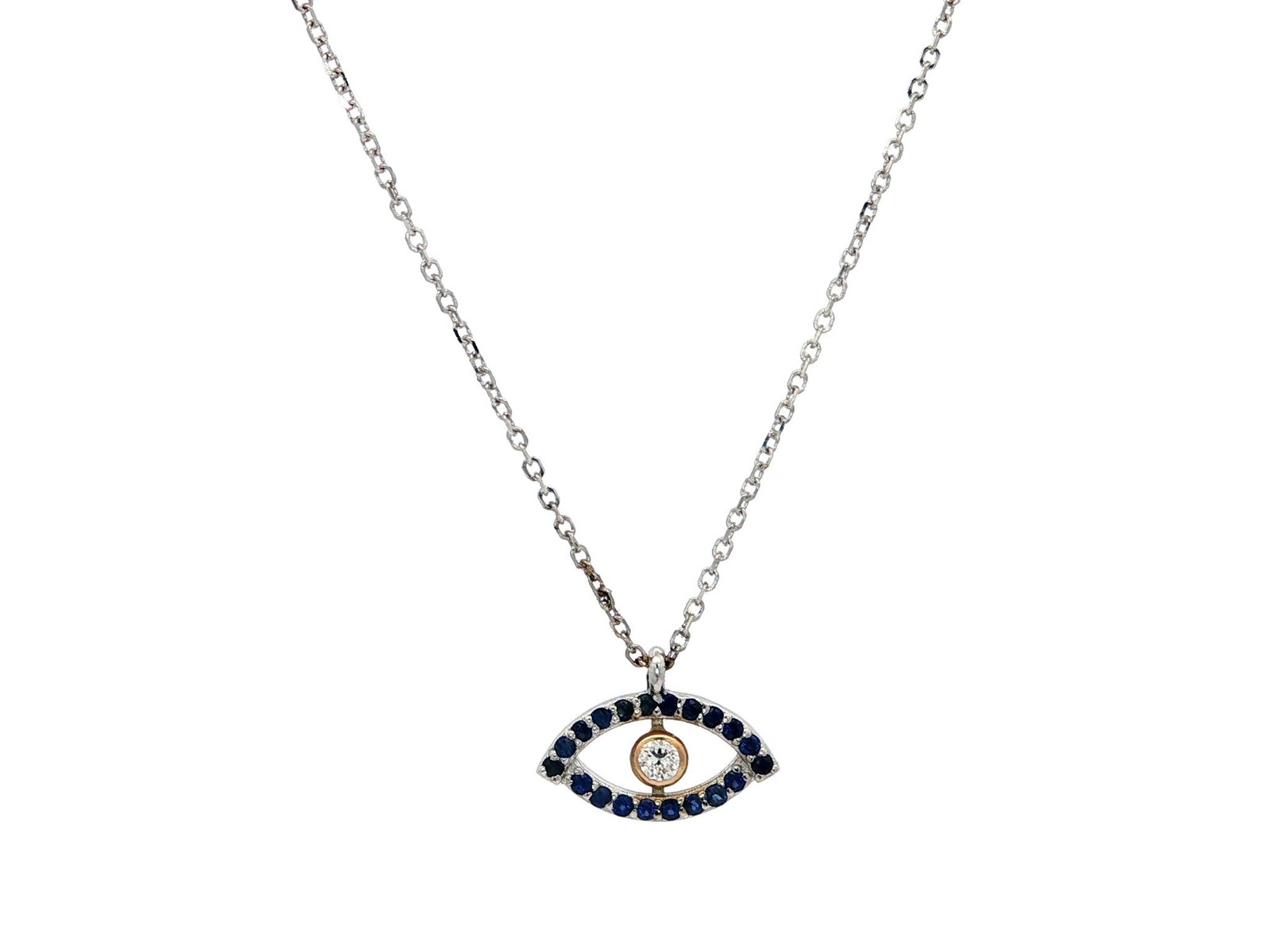 New 14k Two Tone Gold 0.17ct Sapphire & Diamond Evil Eye Slide Pendant Necklace