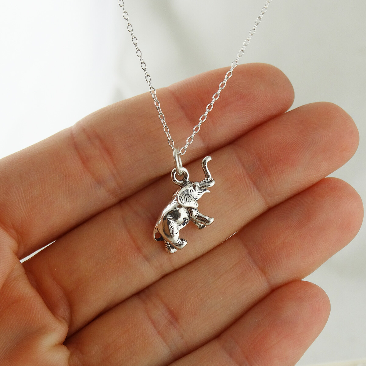 3D Elephant Charm Necklace -925 Sterling Silver-Zoo Safari 3-Dimensional Pendant