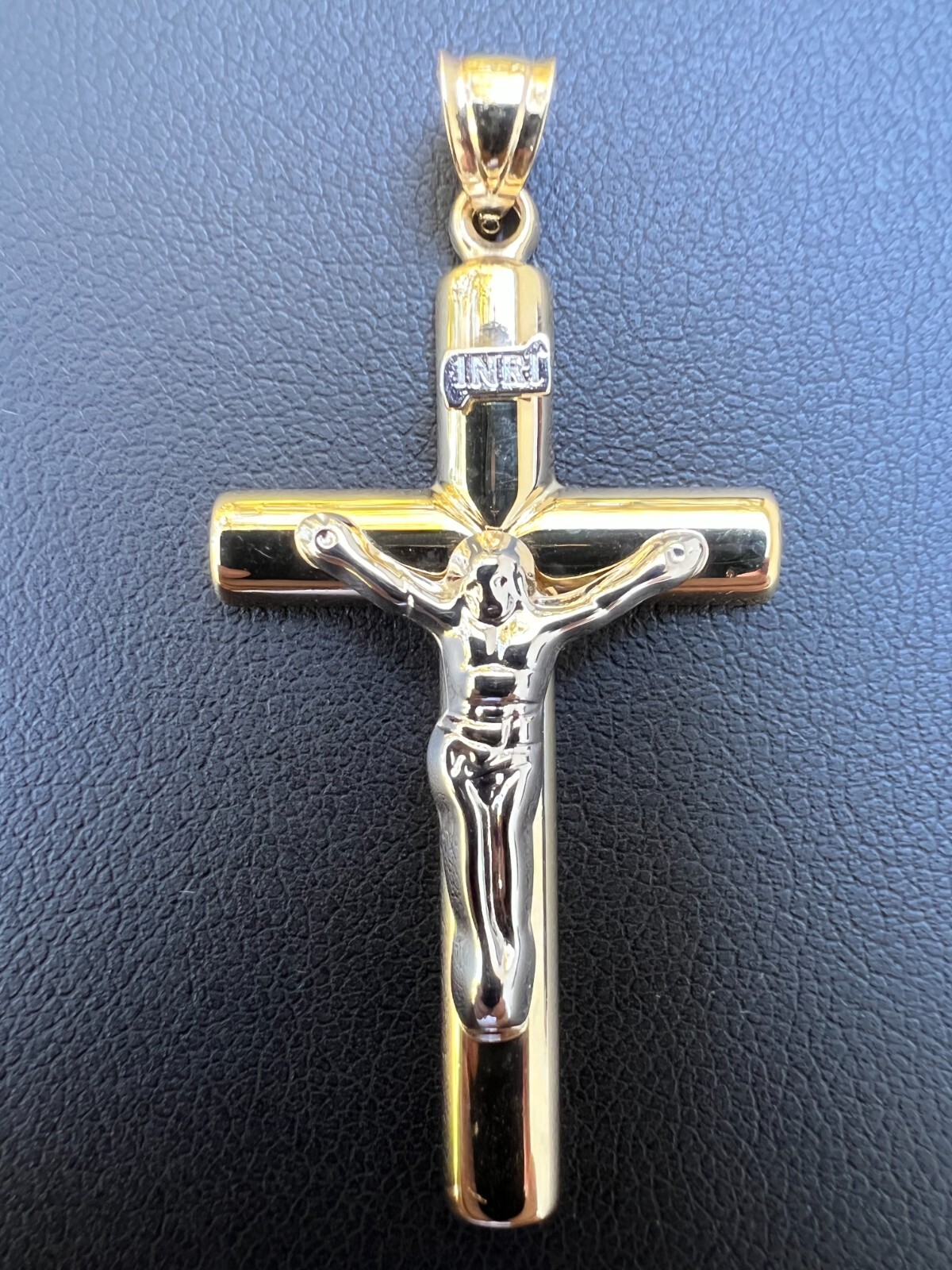 Large 1.85″ Real 14k Yellow & White Gold Cross Jesus Crucifix Pendant Necklace
