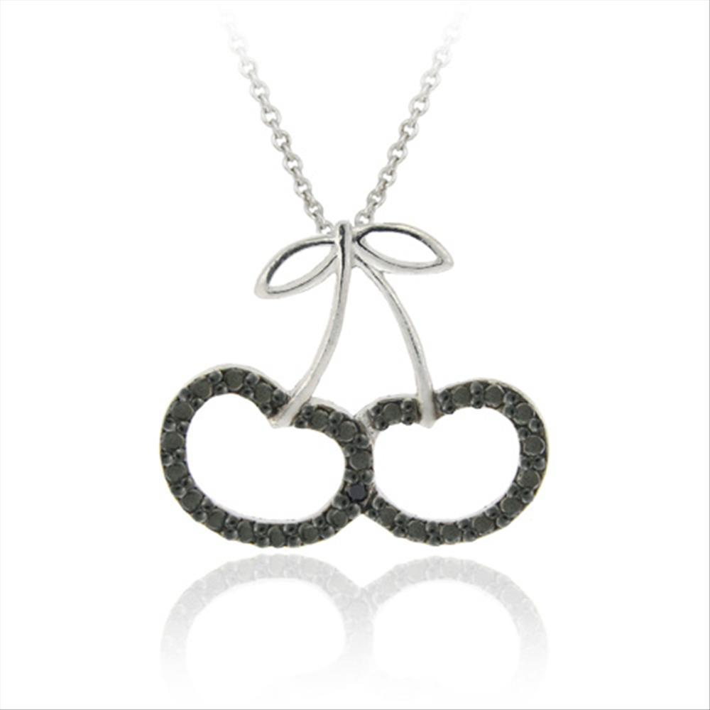 925 Silver Black Diamond Accent Cherries Slide Pendant, 18″