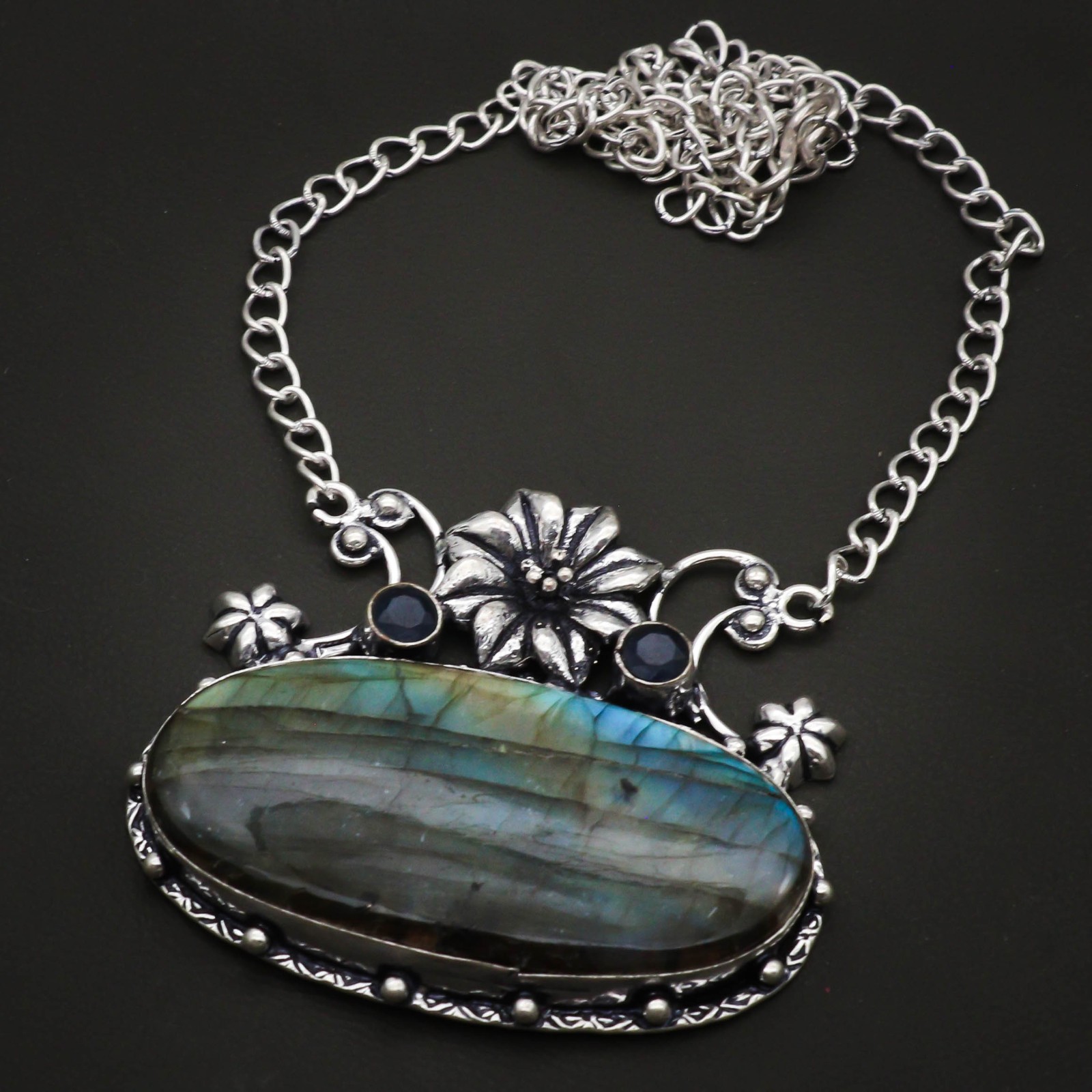 Natural Labradorite Gemstone Handmade 925 Sterling Silver Jewelry Necklace 18″