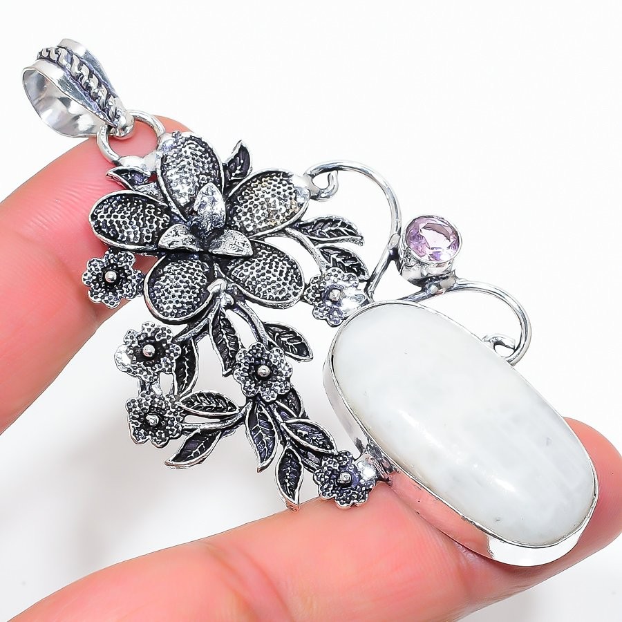 Rainbow Moonstone, Kunzite 925 Sterling Silver Gemstone Pendant 3.07″ NS 23487