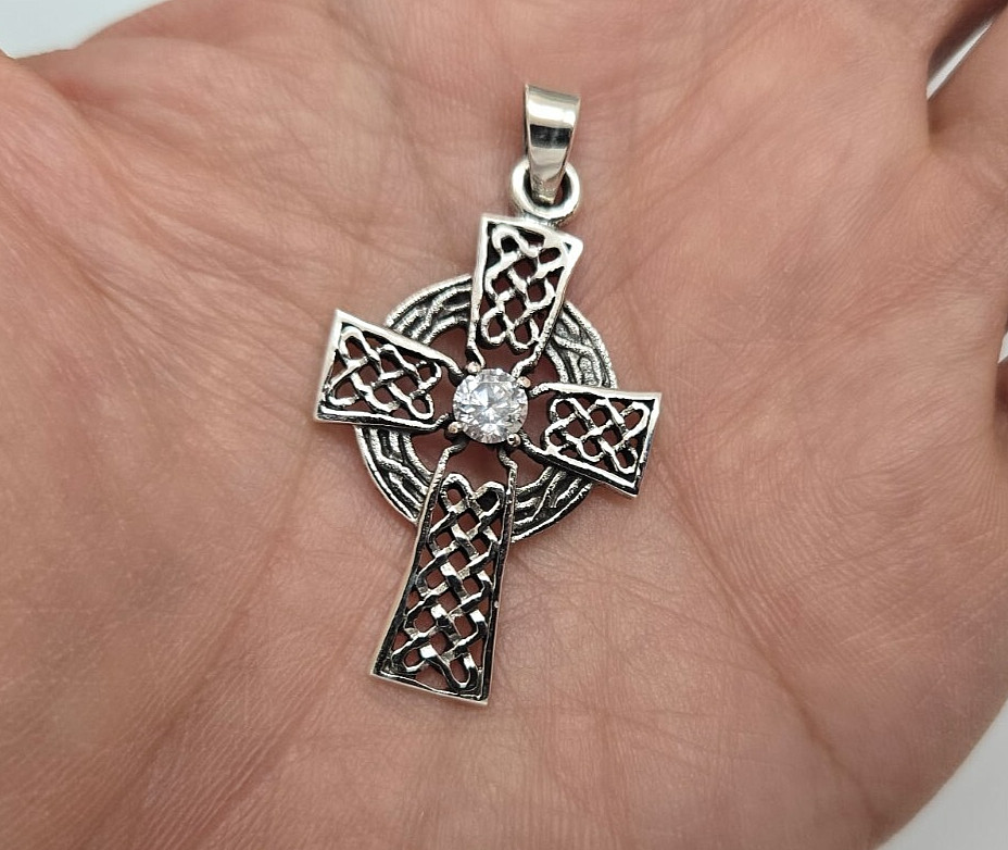 925 Sterling Silver Large Celtic Cross with CZ Pendant 1 1/2 (38mm) Inch Tall