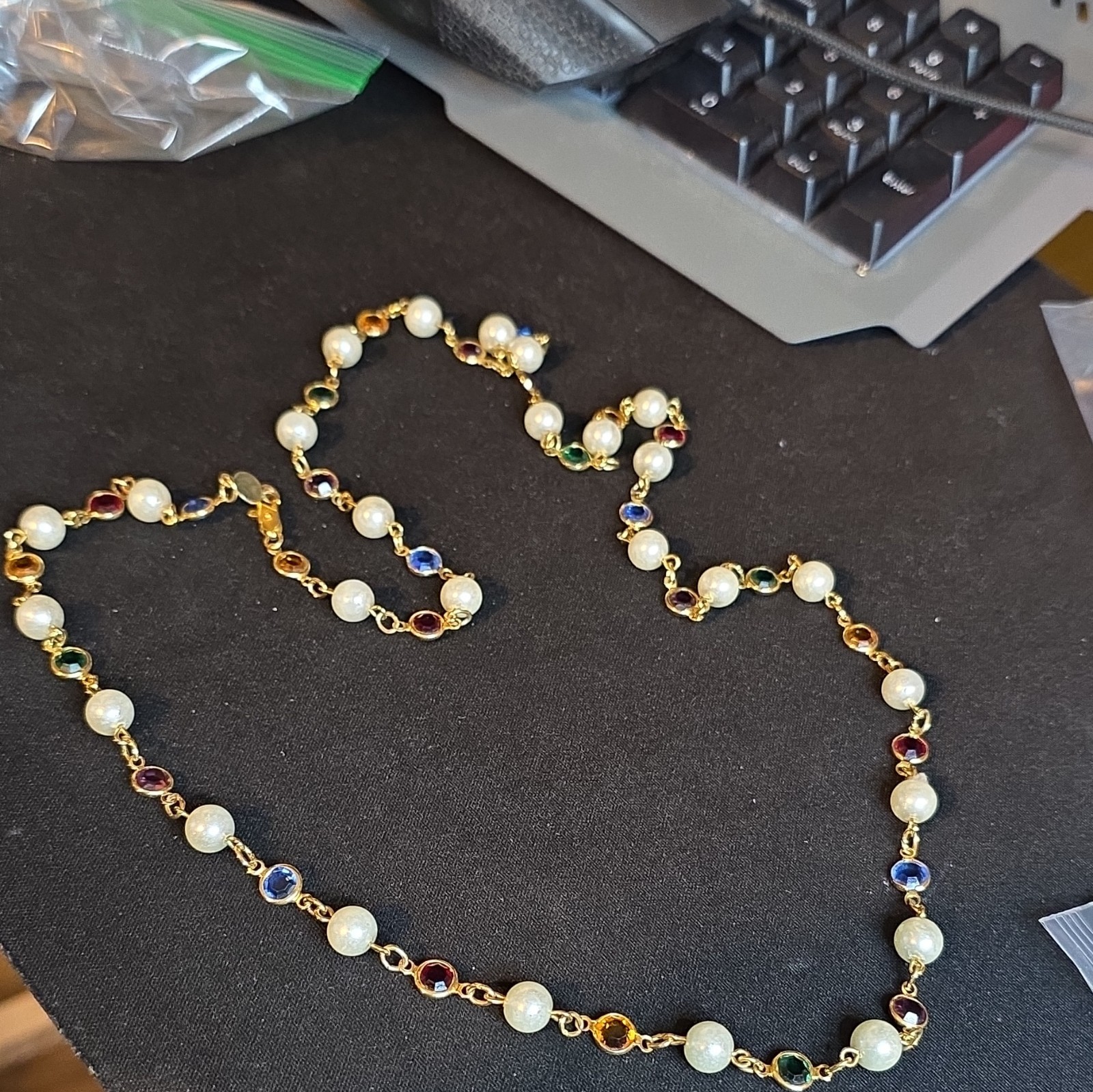 ​Vintage Austrian Crystal USA Faux Pearl Station Necklace Multi Color Glass