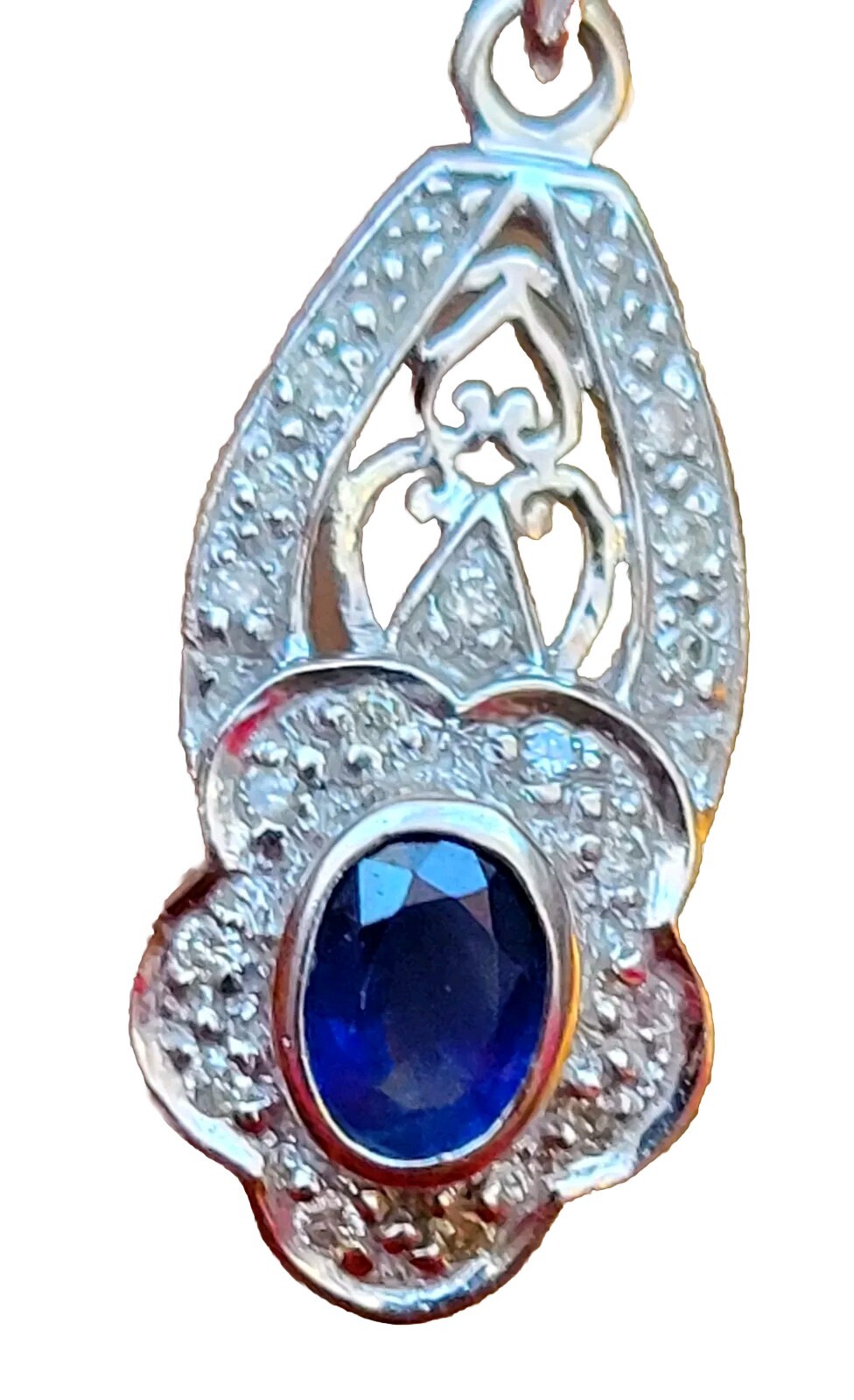 Sapphire And Diamonds 14k White Gold Art Deco Pendant Substantial 4.34g Beauty