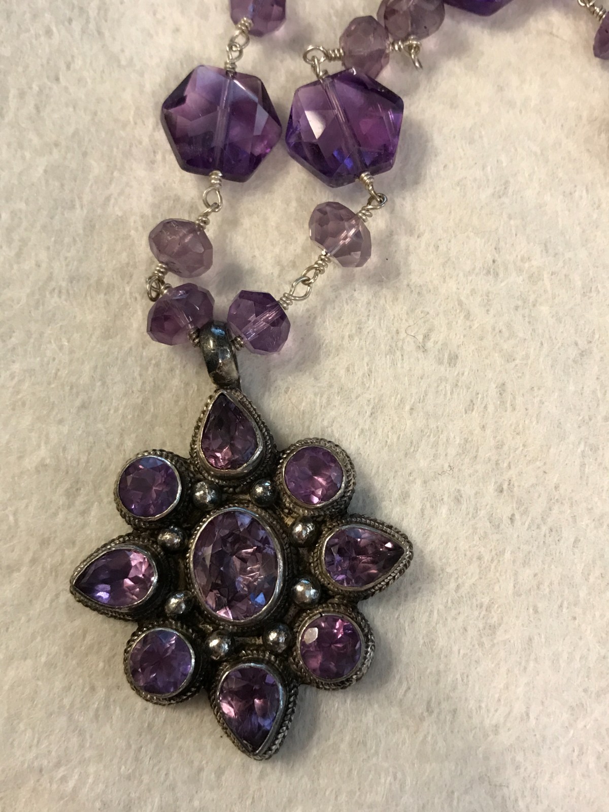 Vintage Faceted Amethyst Flower 16″ Sterling Silver Toggle Necklace Unknown Mark