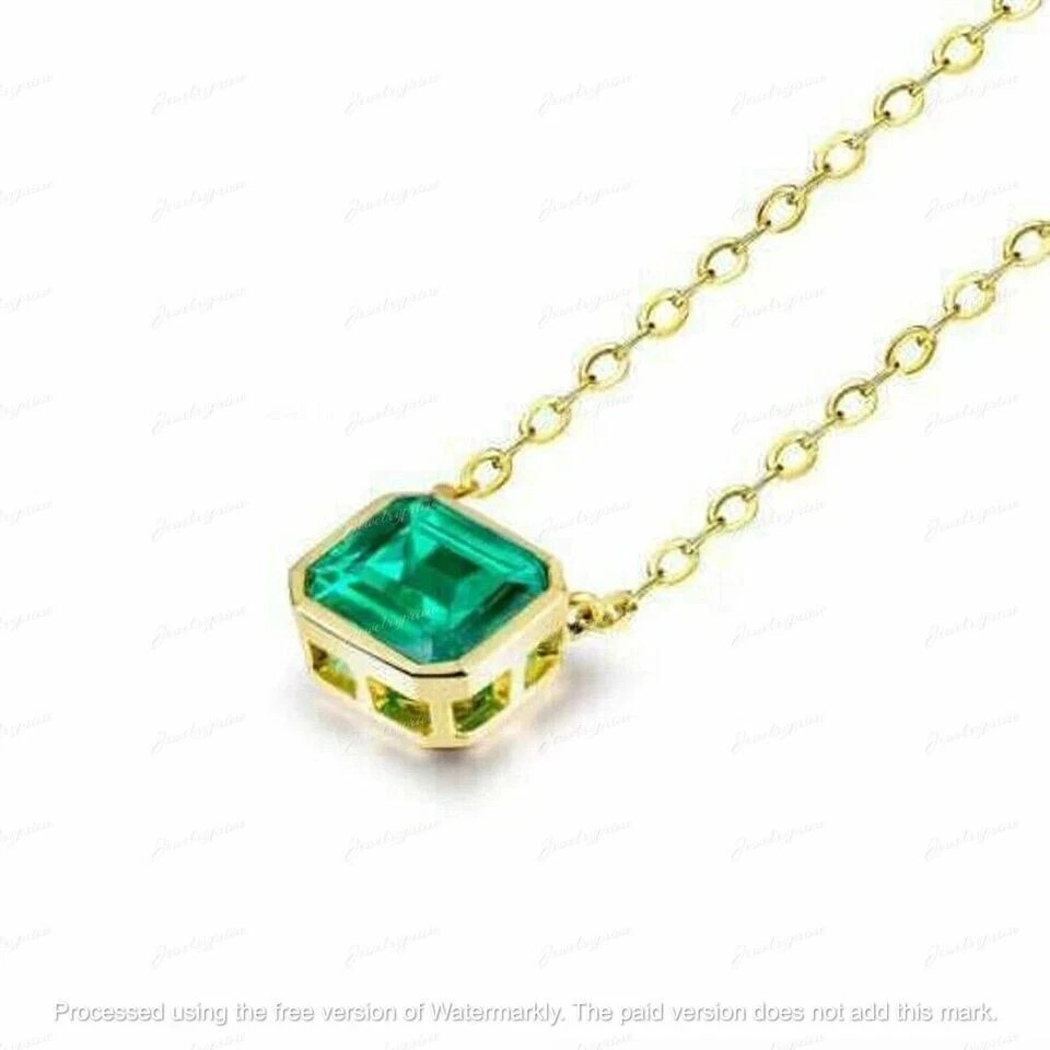Asscher Cut Lab Created Green Emerald Pendant Necklace In 14K Yellow Gold Plated