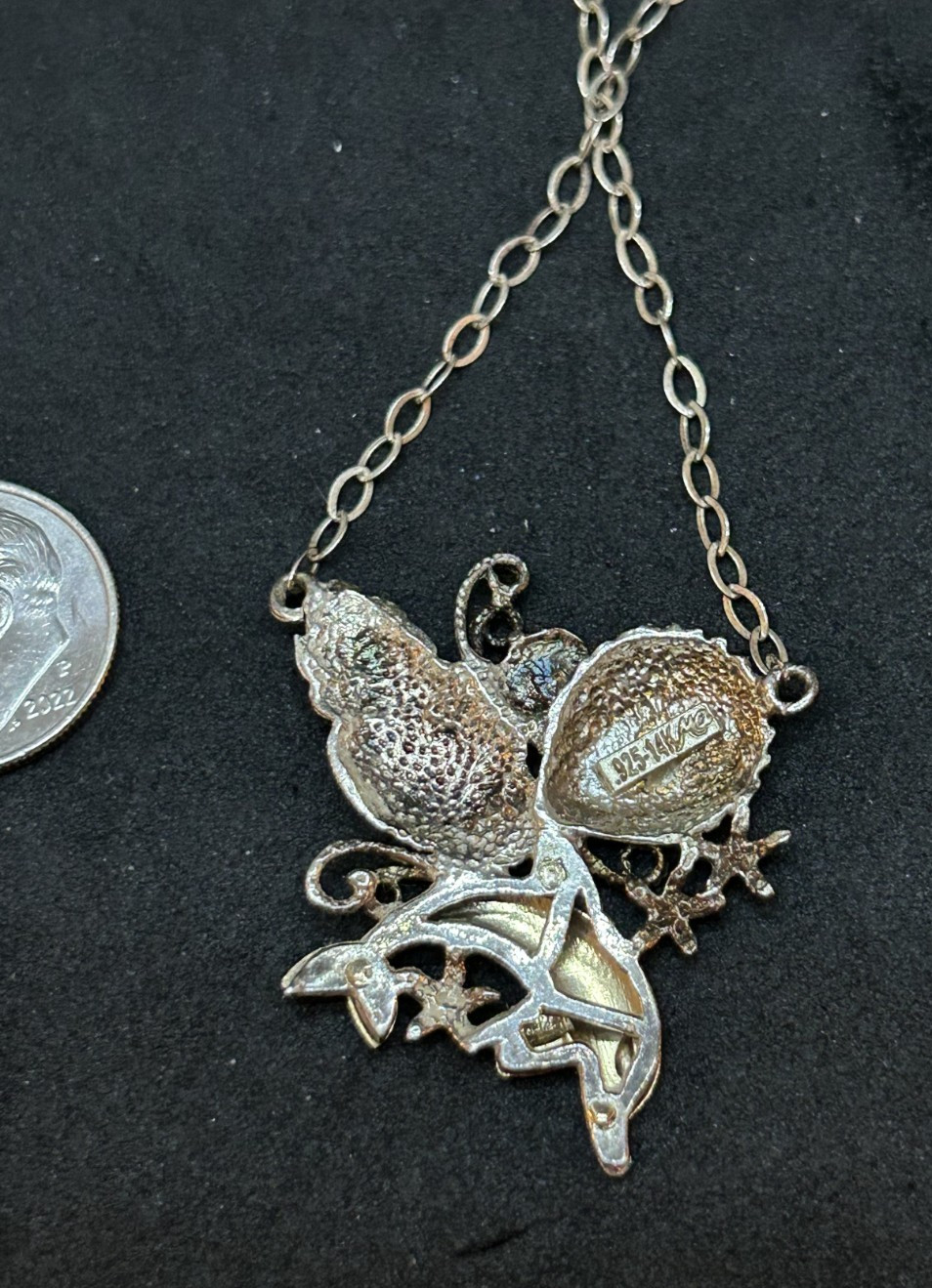 925 Sterling 14K Dolphin Seashell 1in Pendant Necklace 2.2mm 19in – 7.0g