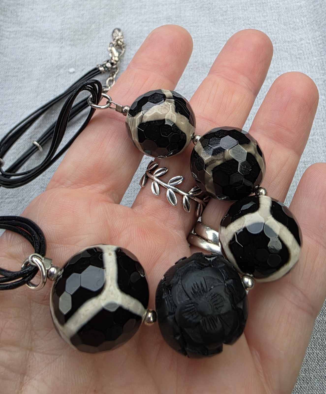 black white “BARSE” faceted Silver Leather Choker adjustable Necklace 19″ A11