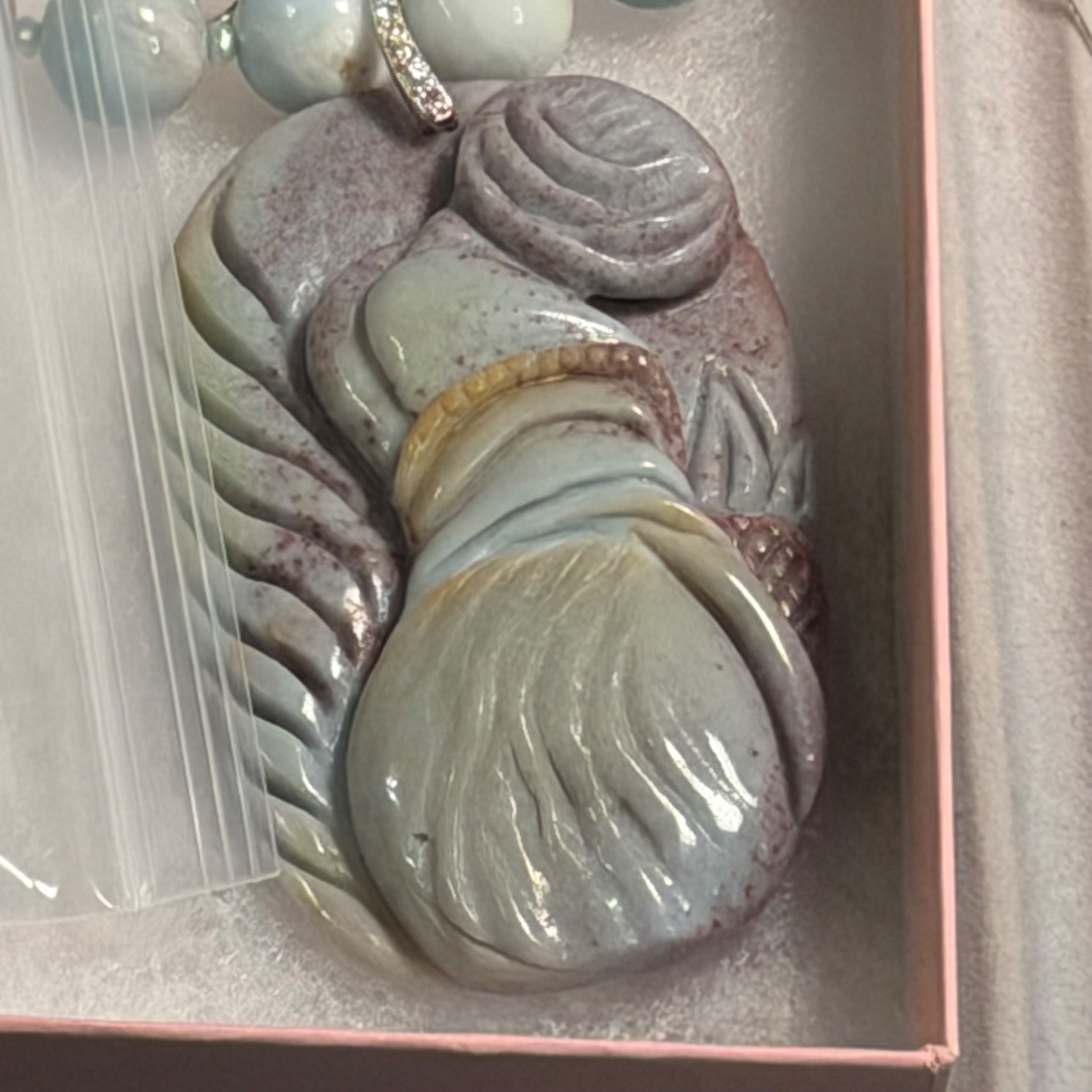 HAND CARVED NATURAL JASPER LADY PENDANT AMAZONITE PEARL NECKLACE EARRING SET