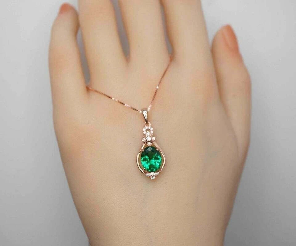 2Ct Oval Cut Green Emerald Flower Dangle Pendant 14K Rose Gold Over Free chain