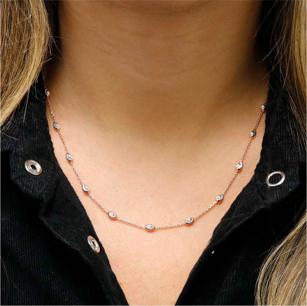 925 Sterling Silver Rose Gold 3MM Diamond Cut Station Oval Moon Bead Necklace