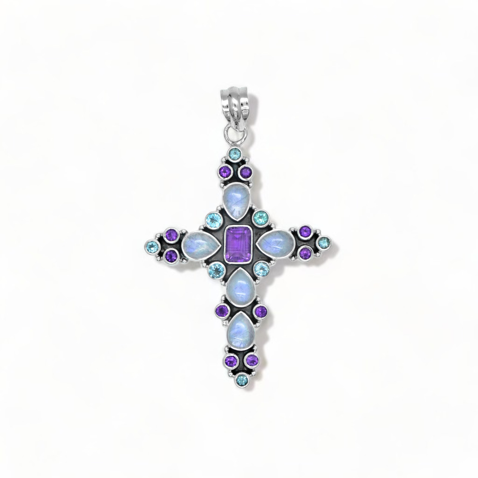 Amethyst & Moonstone Cross Pendant Sterling Silver 925 Christian Jewelry Gift