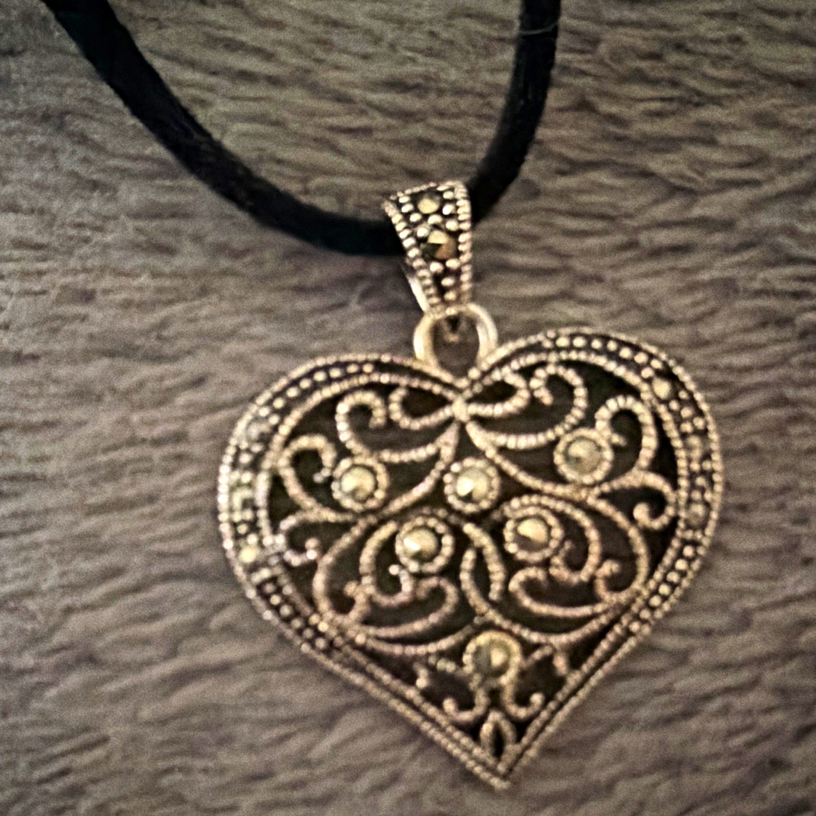 Sterling Silver 925 Heart Filigree Charm Pendant Necklace Black Cord Signed ATI