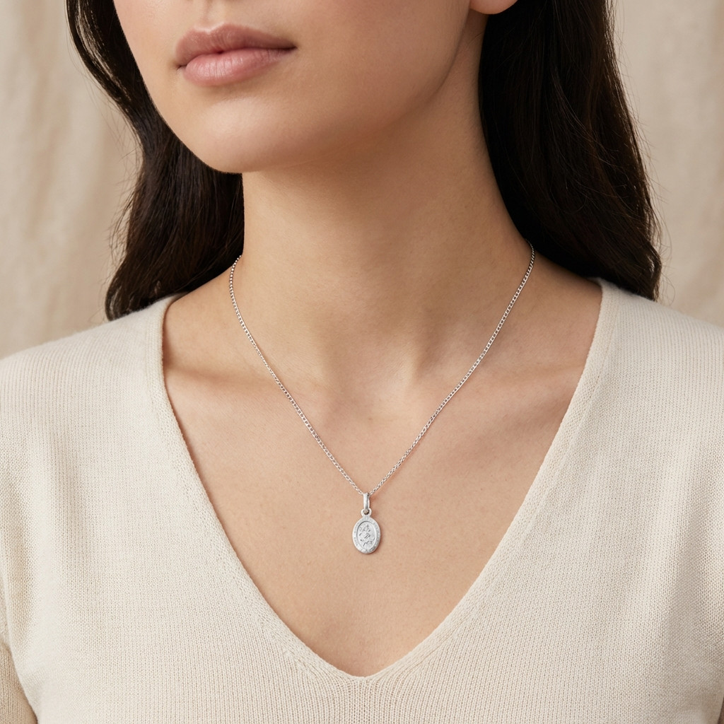 Small oval silver St Saint Christopher pendant necklace with 16″ chain and box
