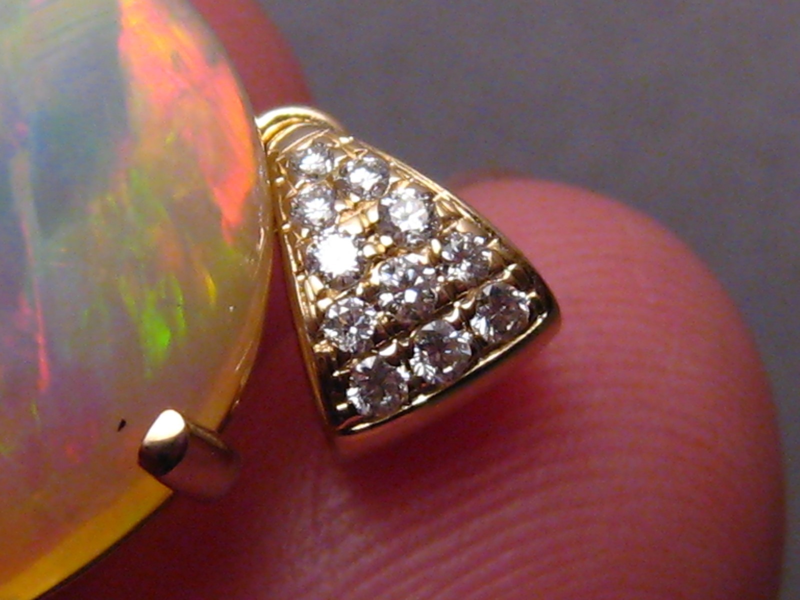 Large 25 ct Welo Opal & Diamond Pendant , Solid 14 k Gold , Brightness 5+