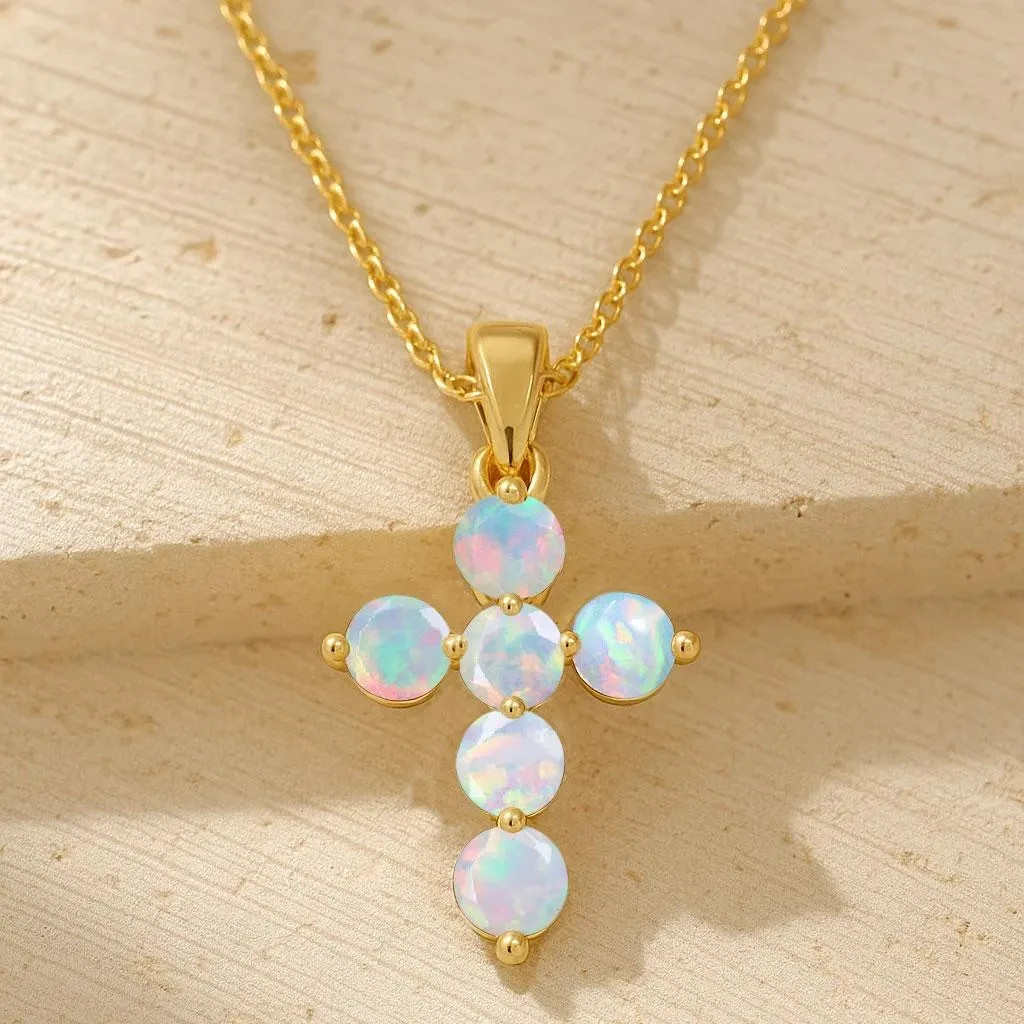 White Multifire Opal Gemstone Gold Cross Pendant, Ethiopian Opal Chain Pendant
