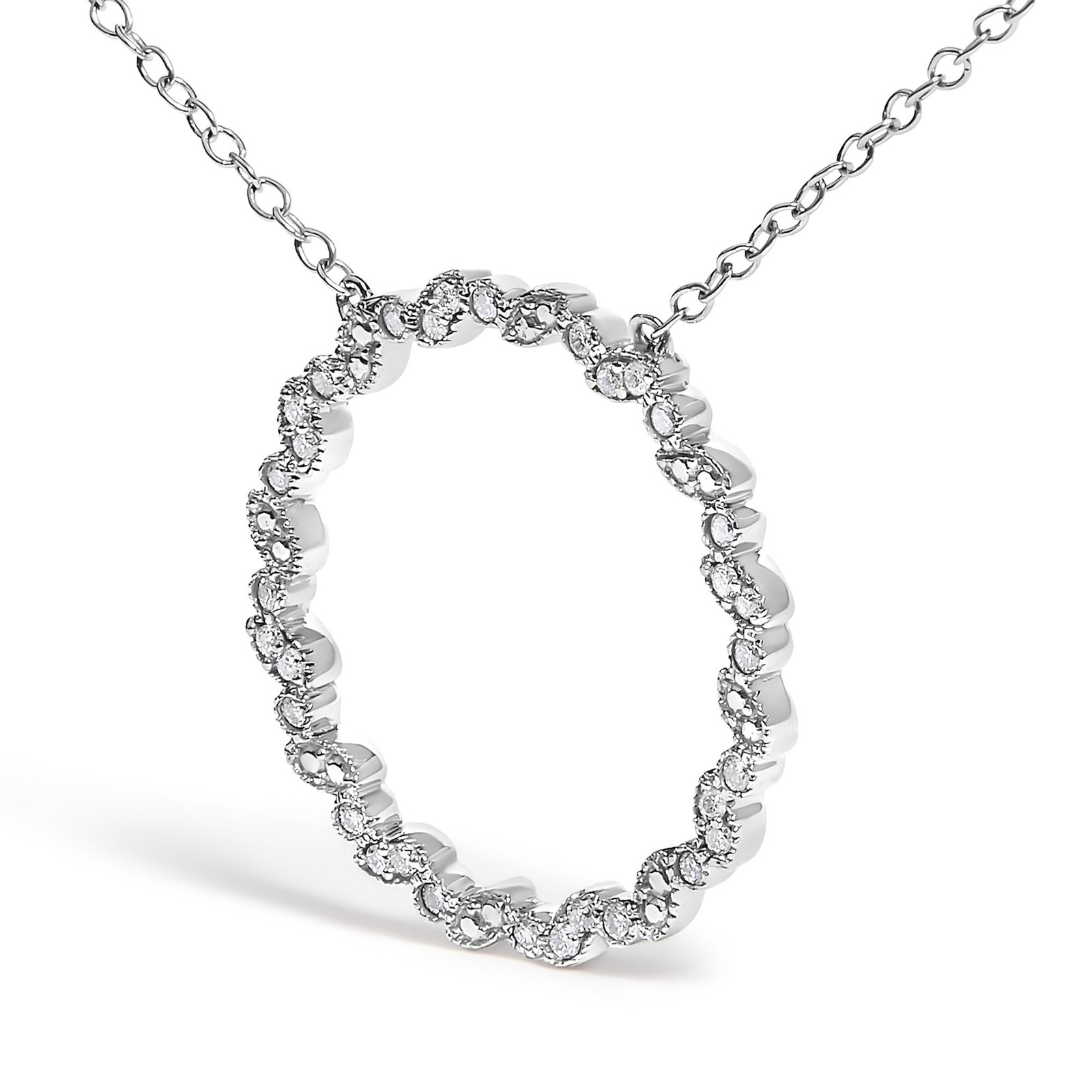 .925 Silver 1/7 Cttw Lab Created Diamond Beaded Love Circle Pendant Necklace