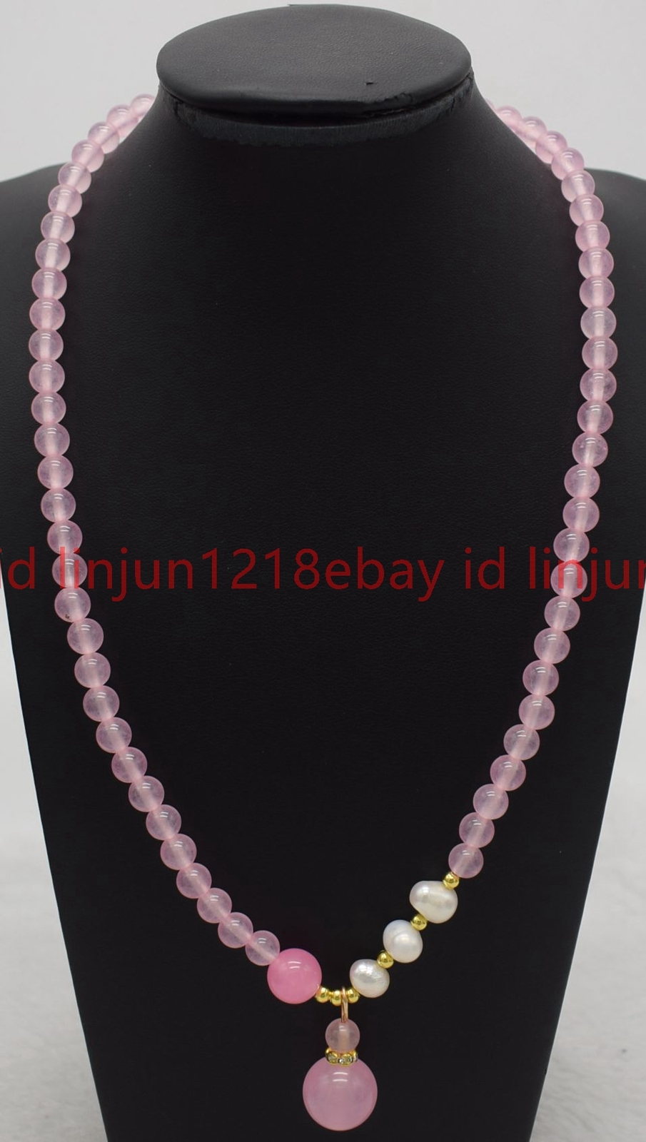 Natural 6mm Pink Jade Round Gemstone Beaded White Pearl Pendant Necklace16-32in