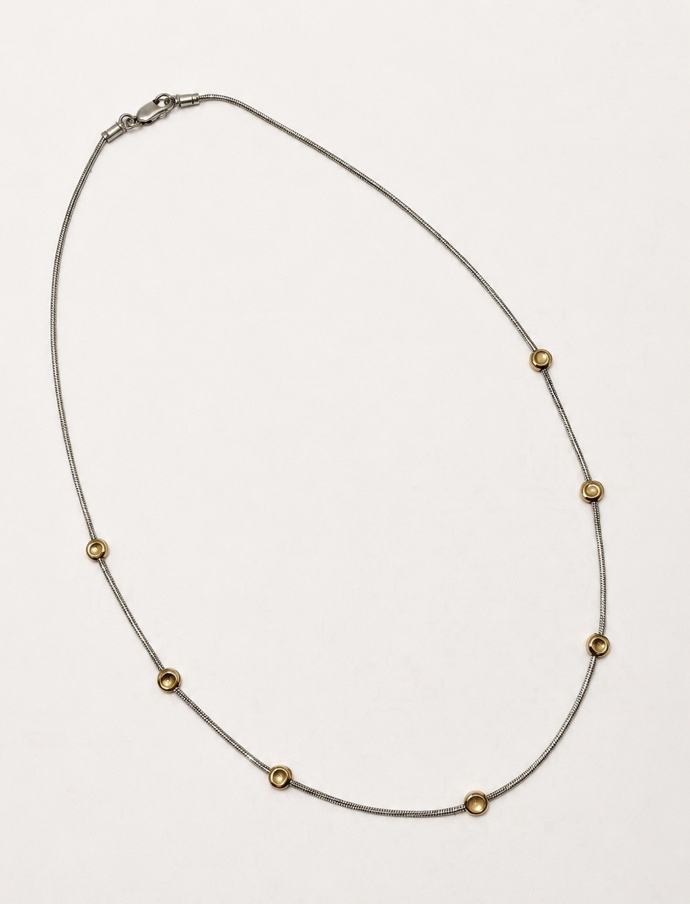 Sterling Silver 2 Tone Station Necklace Gold Vermeil Bead Silver Snake Chain 17″