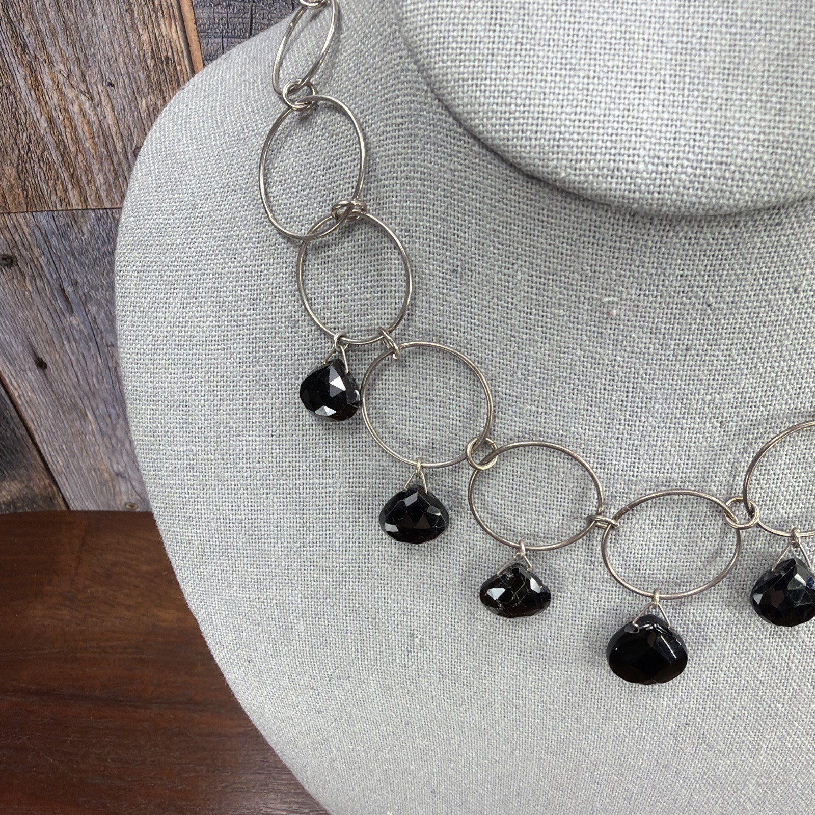 CHAN LUU Layered Necklace Silver Circle Strand Black faceted Crystal Boho 15.5″