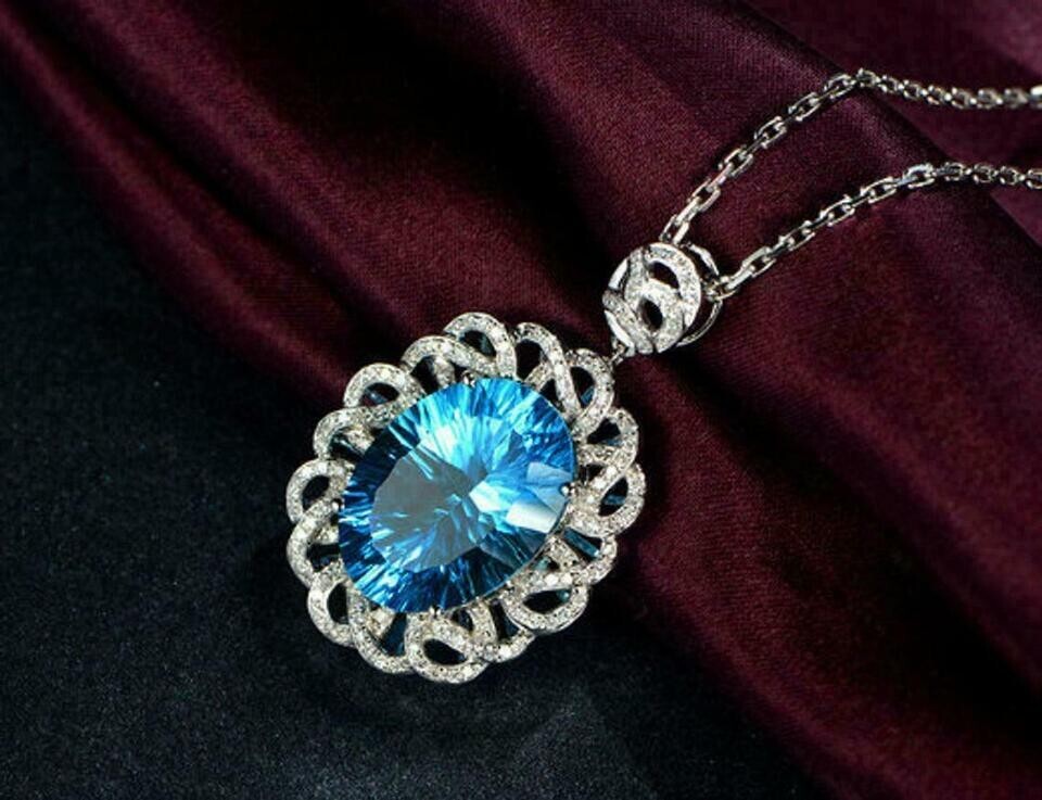 3.50Ct Oval Cut Blue Topaz Diamond Halo Pendant 14K White Gold Finish Free Chain