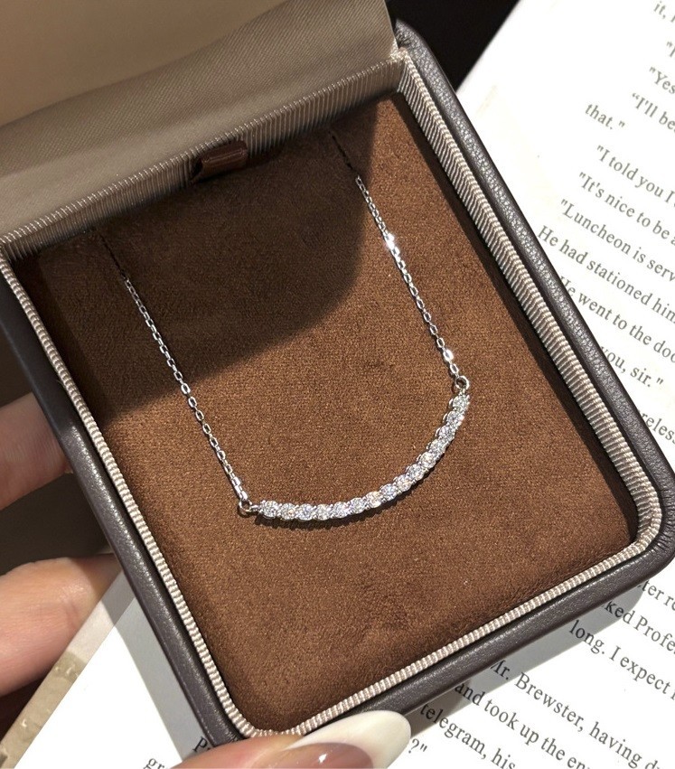 Moissanite Smile Necklace Curved Bar Pendant Necklace 925 Sterling Silver