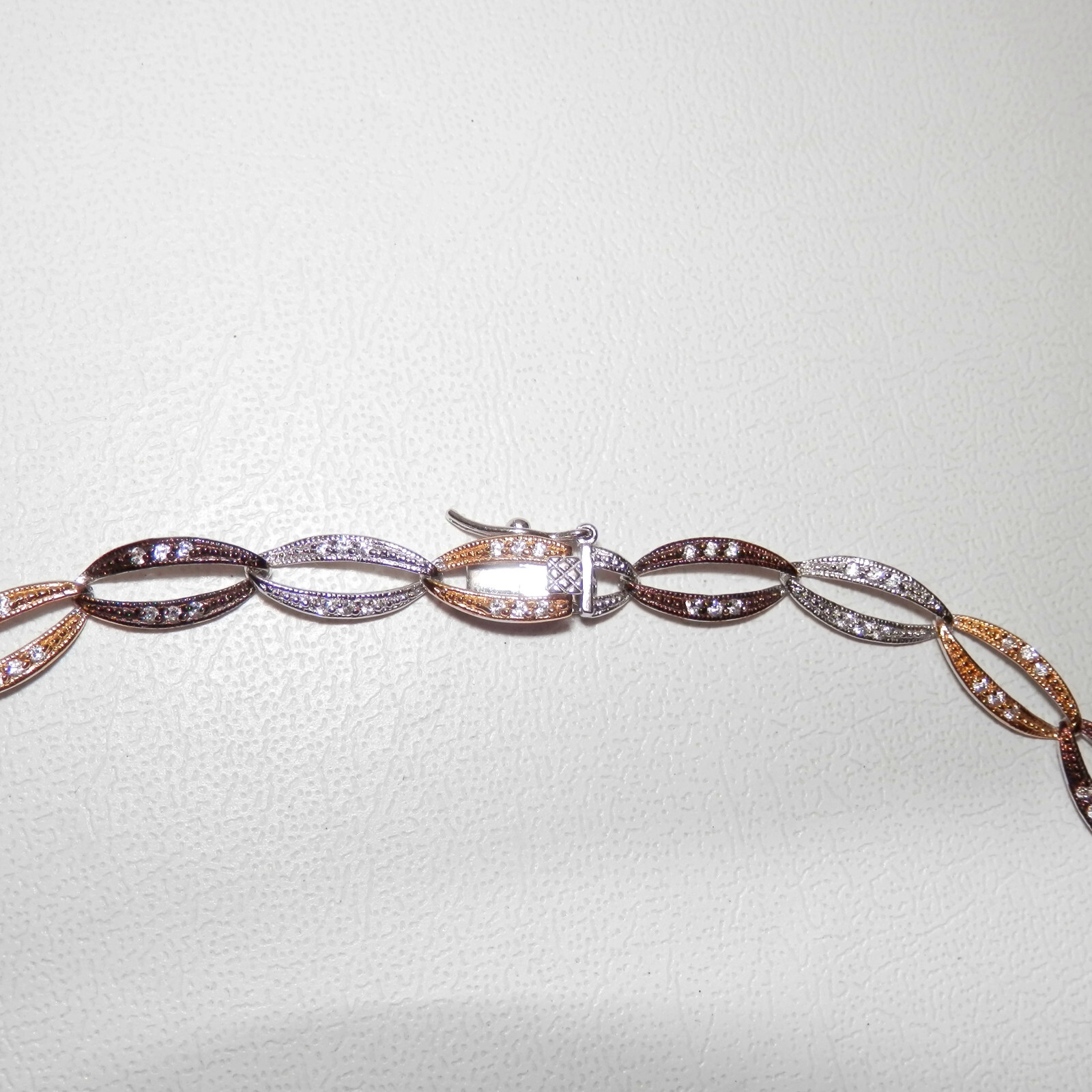 925 Sterling Silver Tri Color Gold Vermeil Oval Link Tennis Crystal Necklace