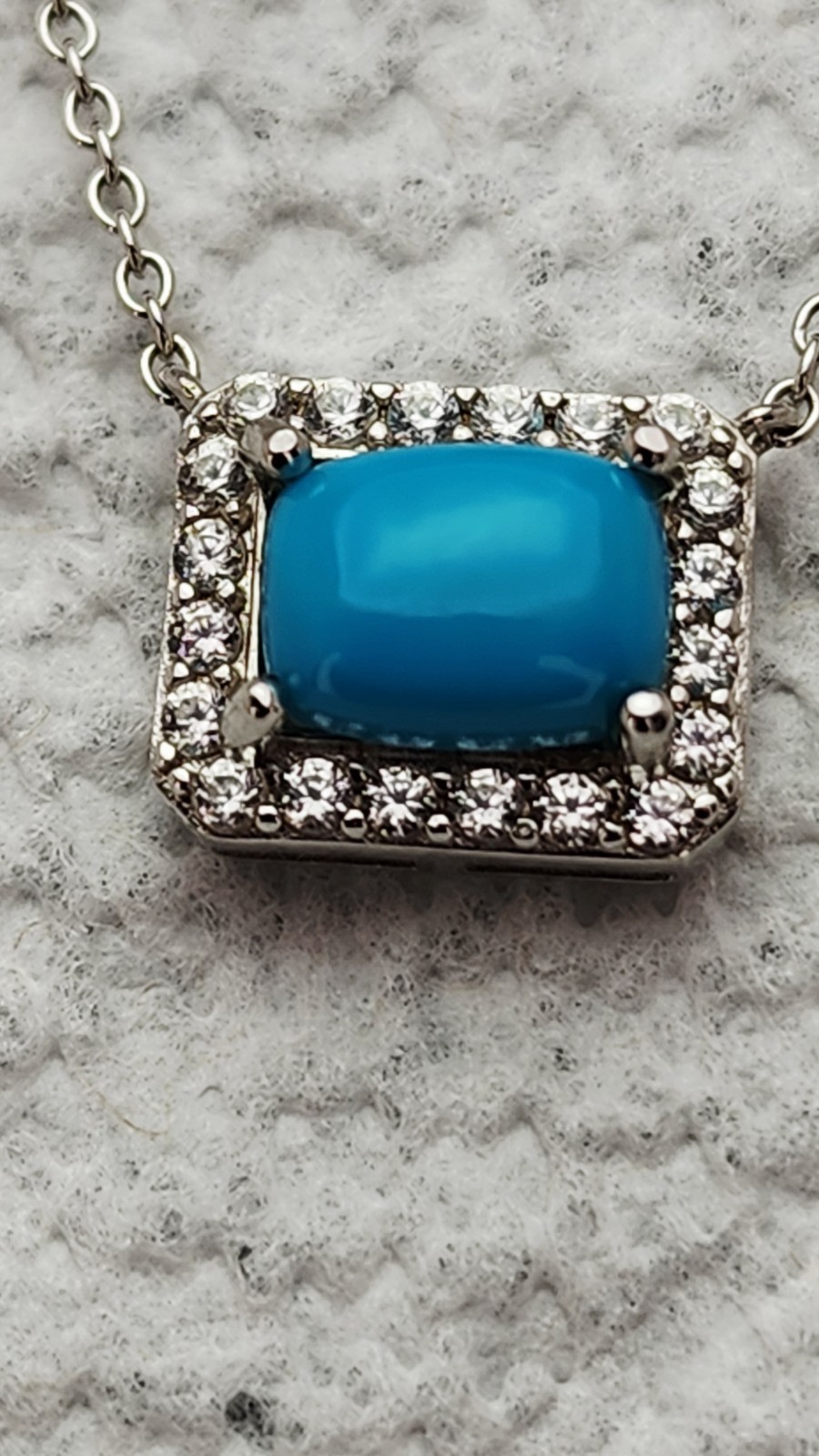 Wonderful Sterling Silver Turquoise Clear Stone Rectangle MLD 18” Necklace