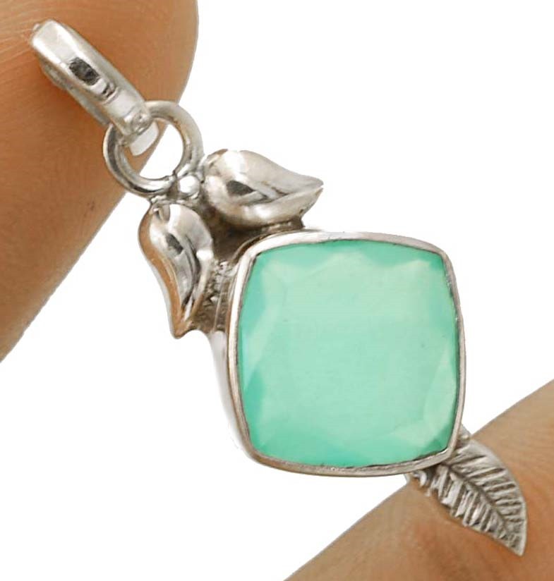 Natural Leaf Aquamarine Chalcedony 925 Sterling Silver Pendant 1 1/2″ Long @B8-7