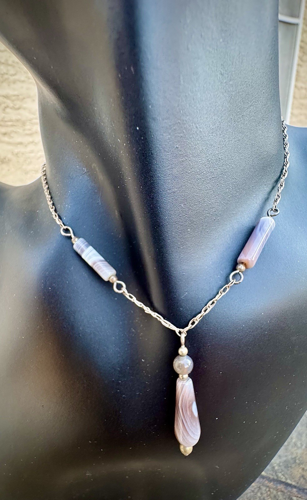 Sterling Silver 925 Muted Earth-tone Y Drop Agate Layered Stones / 18” Necklace