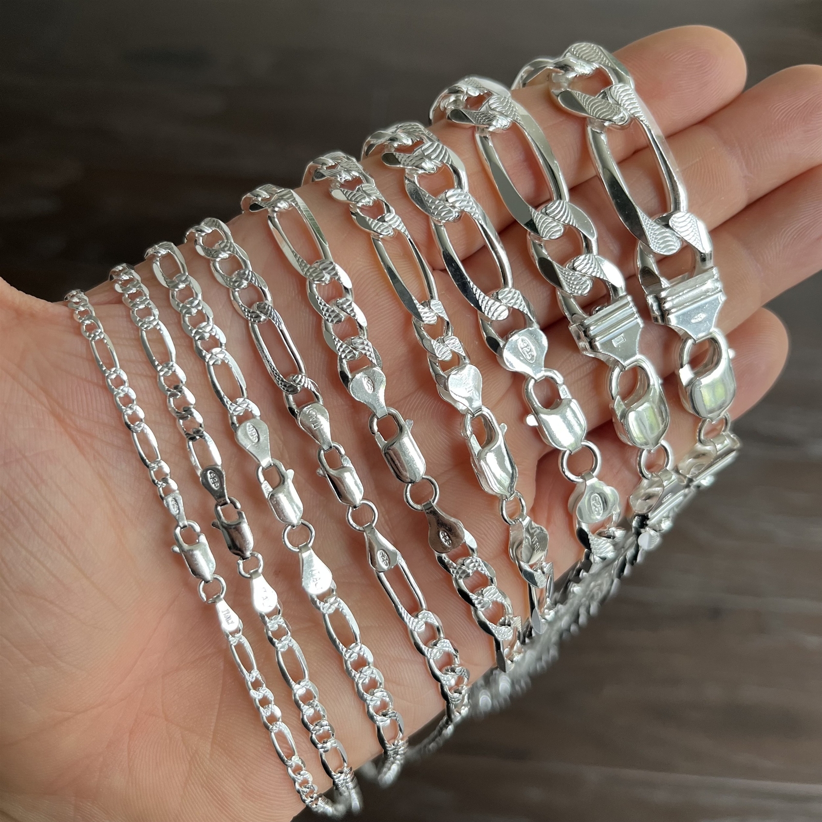 Real Sterling Silver Mens Diamond Cut Figaro Chain Necklace 925 Italy Stamp