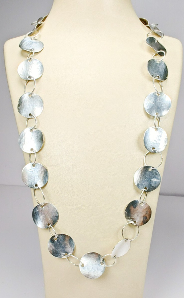 925 Sterling Silver Hammered Disc Link Necklace 26″ 25.22g Large Circles Tested