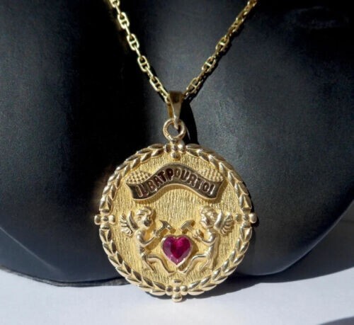 Vintage 0.20Ct Lab Created Ruby AUGIS Women’s /MenPendant 14K Yellow Gold Finish