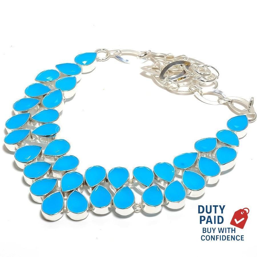 Genuine Blue Chalcedony Trendy Chain Unique Channel Set Hook Necklace 925 Silver